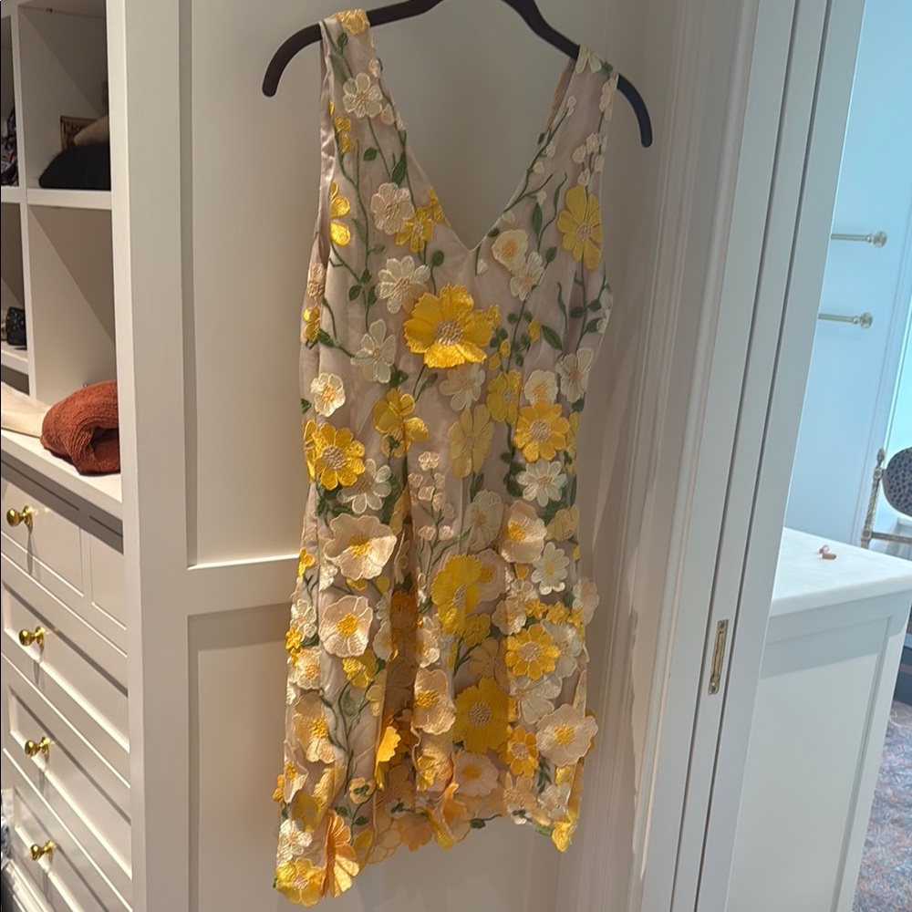 Floral Embroidered V-Neck Dress in Yellow and Cream